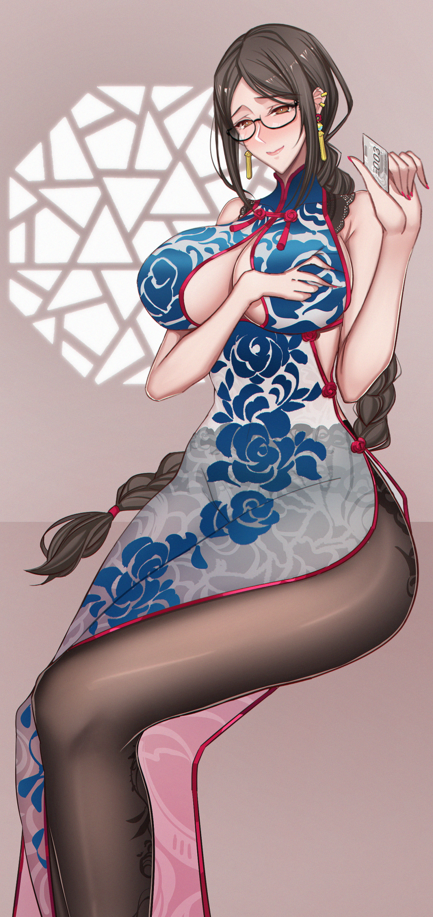 1girl, absurdres, bare_shoulders, blush, braid, braided_ponytail, breasts, brown_eyes