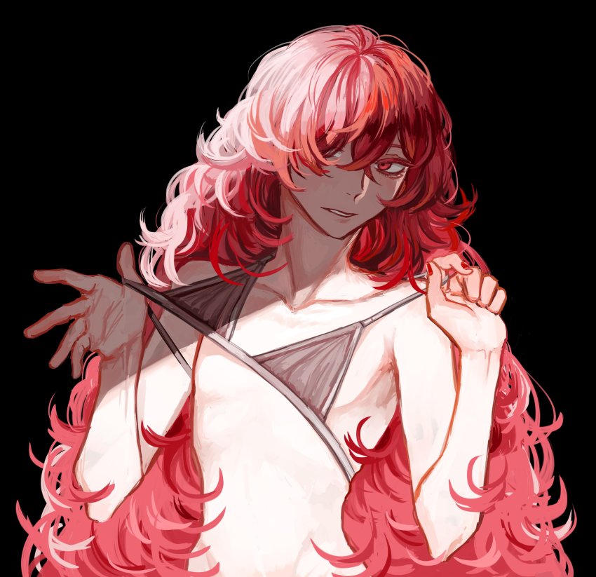 1other, absurdres, androgynous, bare_shoulders, bikini, bikini_pull, bikini_top_only, black_background, black_bikini, clothes_pull, collarbone, colored_eyelashes, colored_skin, eyelashes, flat_chest, hair_over_one_eye, highres, houseki_no_kuni, iciriini, long_hair, messy_hair, micro_bikini, nail_polish, narrow_waist, padparadscha_(houseki_no_kuni), parted_lips, red_eyes, red_hair, simple_background, solo, string, string_bikini, string_pull, swimsuit, upper_body, very_long_hair, wavy_hair, white_skin