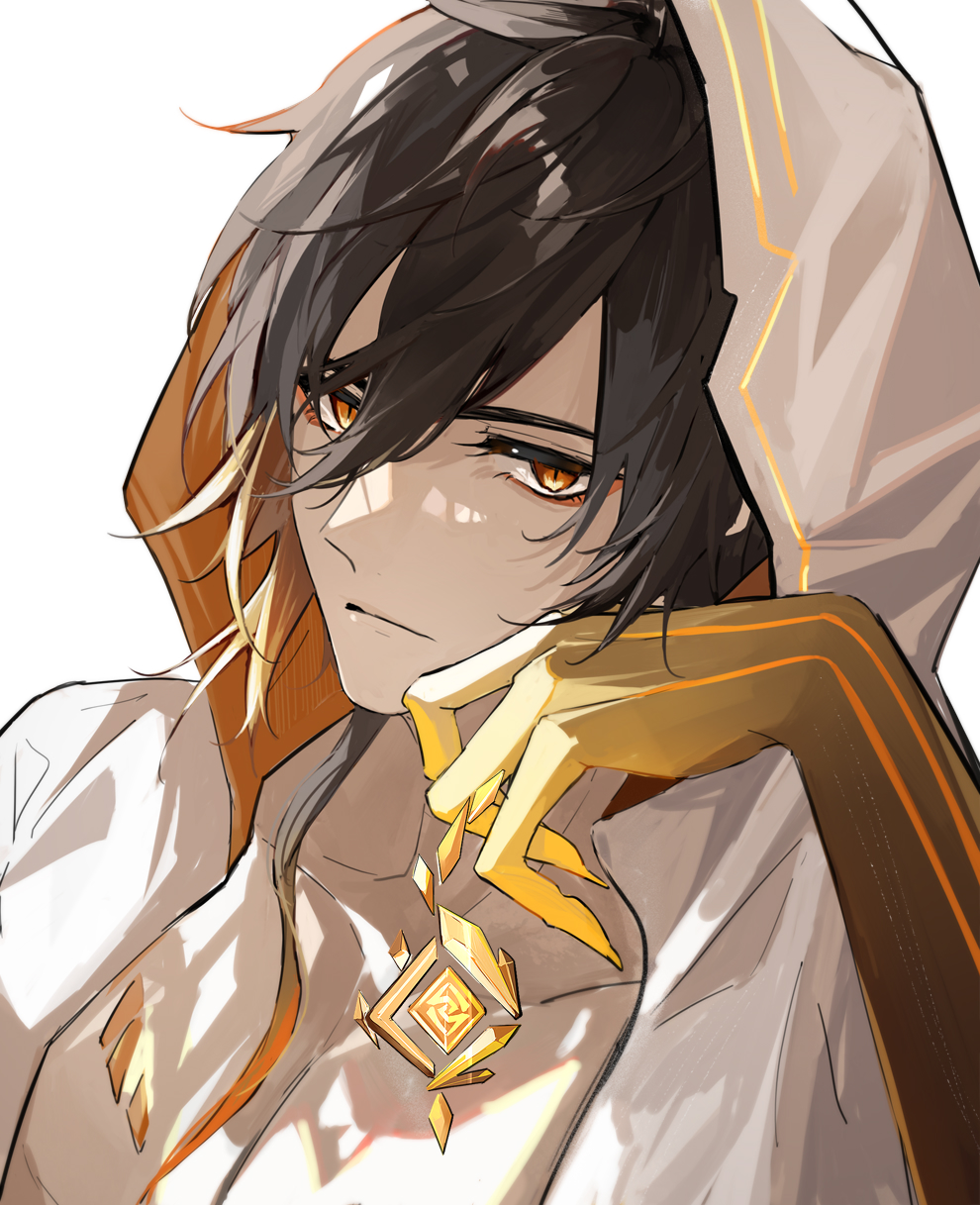 1boy, black_hair, brown_gloves, closed_mouth, collarbone, elbow_gloves, fingernails, genshin_impact