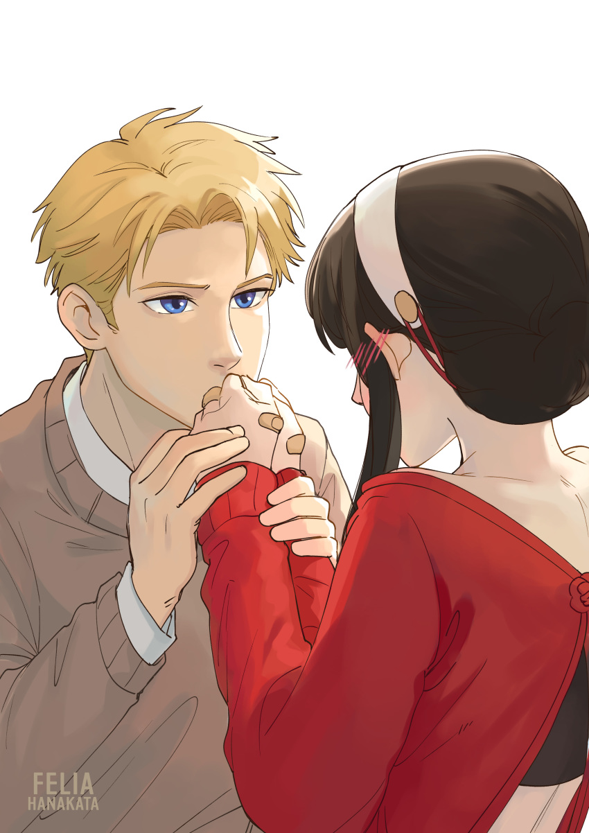 1boy, 1girl, absurdres, bandaid, bandaid_on_hand, black_hair, blonde_hair, blue_eyes