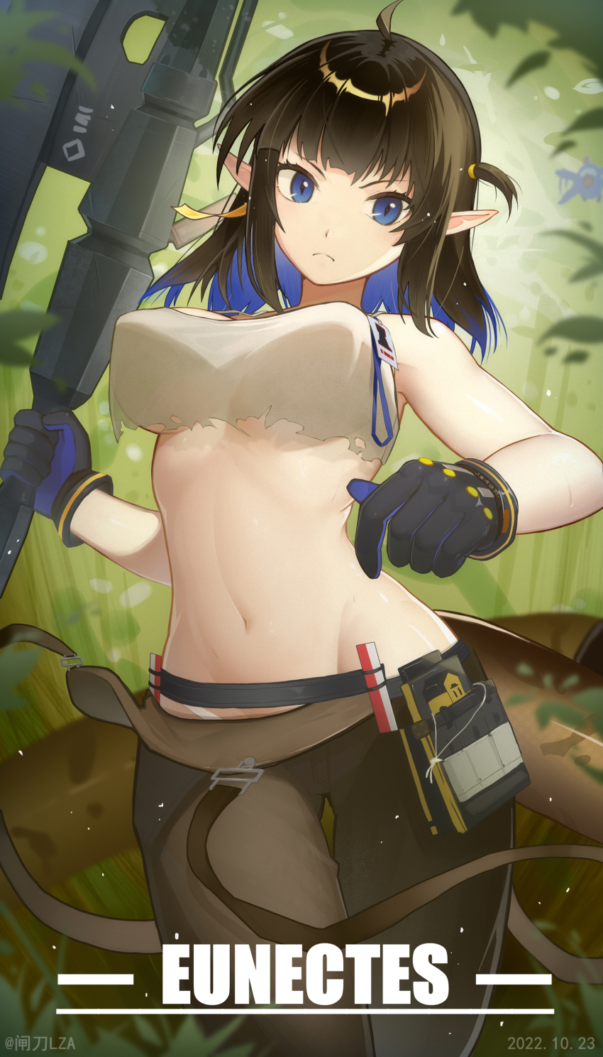 >:(, 1girl, absurdres, ahoge, animal_ears, arknights, backlighting, belt, black_gloves, black_hair, blue_eyes, blue_gloves, blue_hair, breasts, brown_pants, character_name, closed_mouth, colored_inner_hair, crop_top, dated, day, eunectes_(arknights), eunectes_(forgemaster)_(arknights), gloves, highres, holding, holding_weapon, large_breasts, looking_at_viewer, multicolored_hair, navel, official_alternate_costume, outdoors, pants, pointy_ears, snake_tail, solo, stomach, tail, thigh_gap, torn_clothes, two-tone_gloves, two-tone_hair, underboob, v-shaped_eyebrows, weapon, zhadao_lza