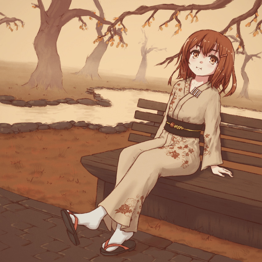 autumn, autumn_leaves, bench, brooch, brown_eyes, brown_hair, collarbone, flip-flops