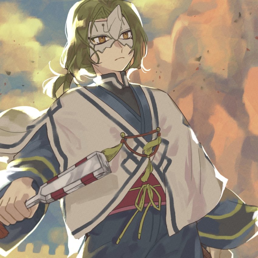 1boy, ainu_clothes, aquaplus, blue_sky, brown_eyes, brown_hair, closed_mouth, cloud