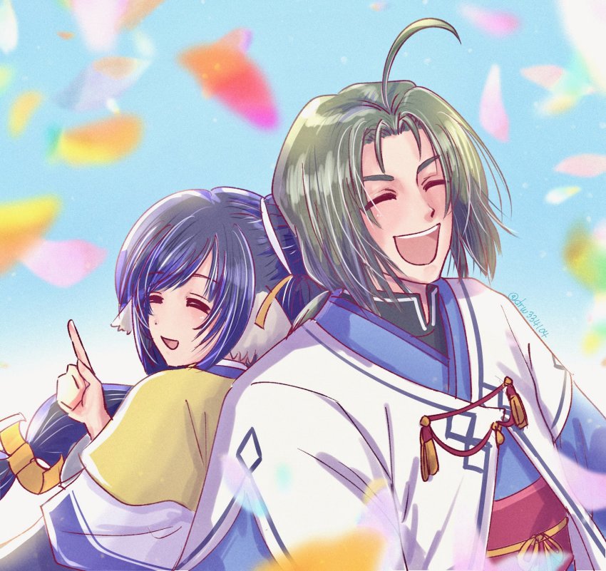 1boy, 1girl, ahoge, ainu_clothes, animal_ears, aquaplus, arm_up, black_hair, brown_hair, closed_eyes, dress, drw334, from_side, haku_(utawarerumono), height_difference, highres, kuon_(utawarerumono), long_hair, low-tied_long_hair, nose, open_mouth, parted_bangs, petals, raised_eyebrows, scarf, sidelocks, swept_bangs, teeth, tongue, utawarerumono, utawarerumono:_futari_no_hakuoro, utawarerumono:_itsuwari_no_kamen, very_long_hair