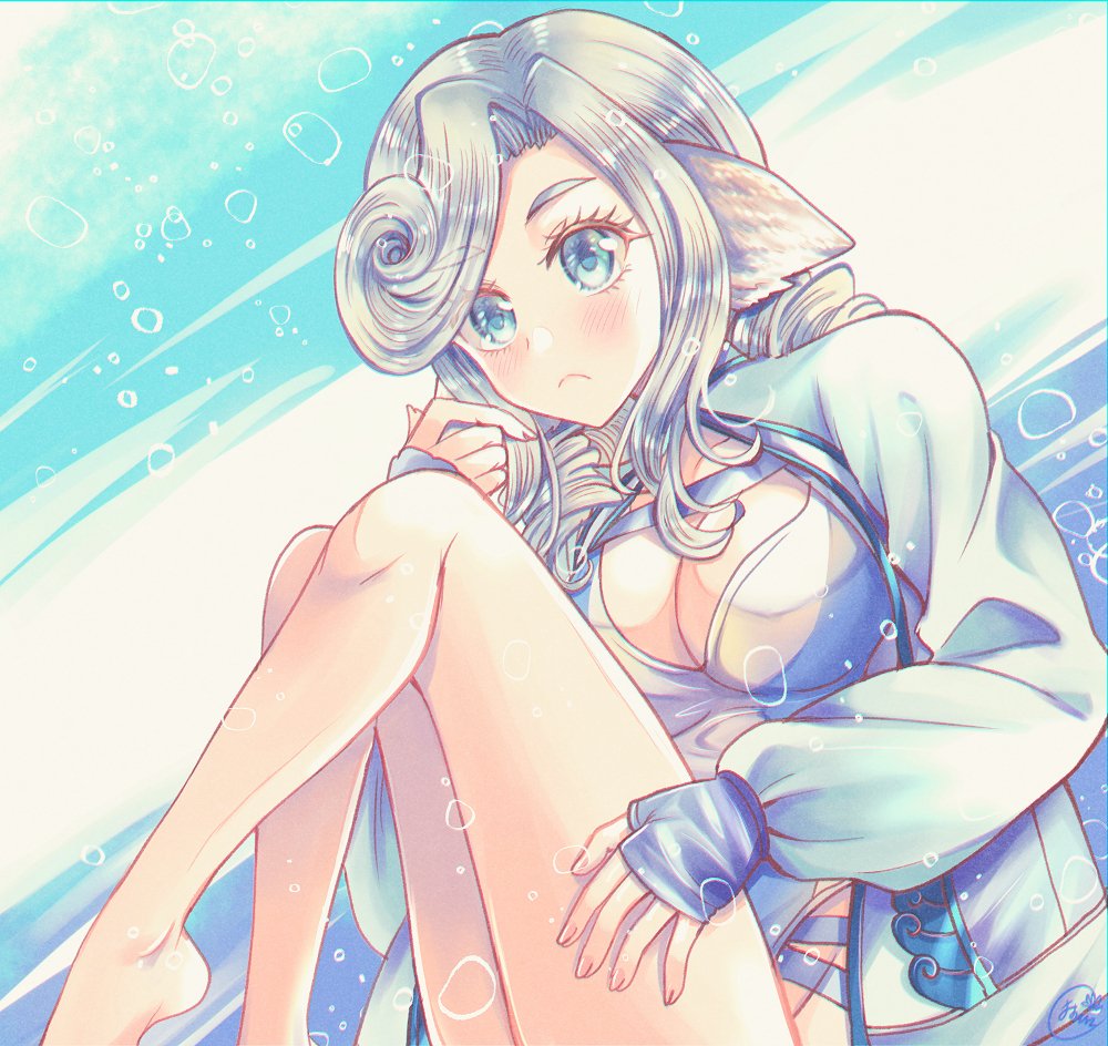1girl, animal_ears, aquaplus, bare_legs, barefoot, blue_eyes, blush, breasts, cleavage, closed_mouth, competition_swimsuit, curly_hair, eyelashes, eyes_visible_through_hair, feet, fingerless_gloves, fingernails, from_side, full_body, gloves, gradient_eyes, hair_over_one_eye, hasu_hiko, jacket, knees_up, large_breasts, long_sleeves, medium_hair, multicolored_eyes, munechika, one-piece_swimsuit, silver_hair, solo, swept_bangs, swimsuit, thighs, utawarerumono, utawarerumono:_itsuwari_no_kamen, utawarerumono:_lost_flag