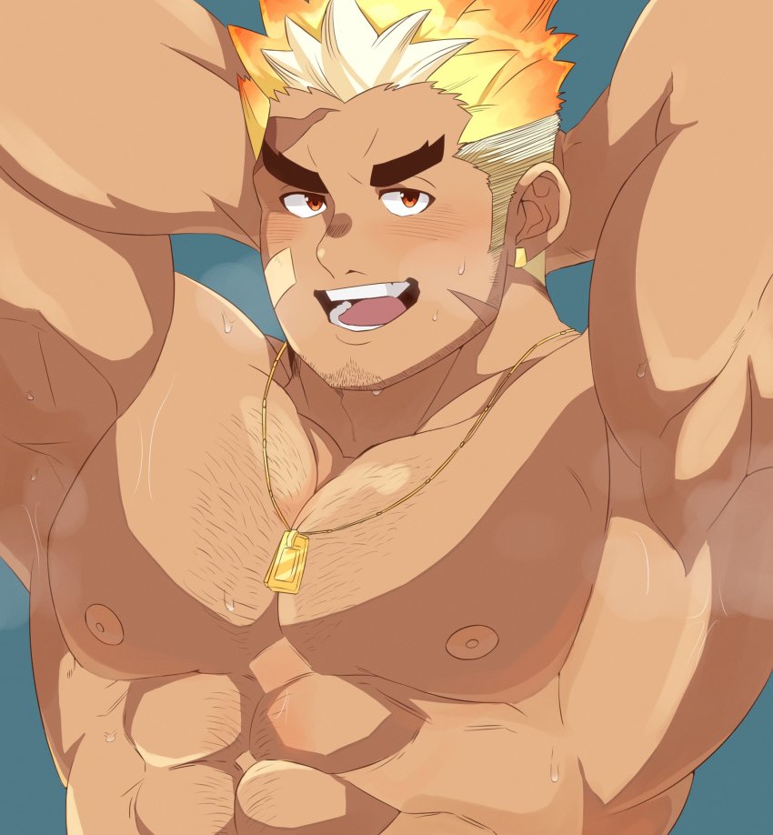 1boy, abs, aqua_background, armpits, arms_behind_head, arms_up, bandaid, bandaid_on_cheek