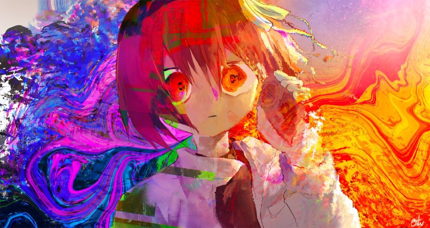 1girl, a.i._voice, adachi_rei, black_hairband, black_shirt, blank_stare, blue_background, cassette_player