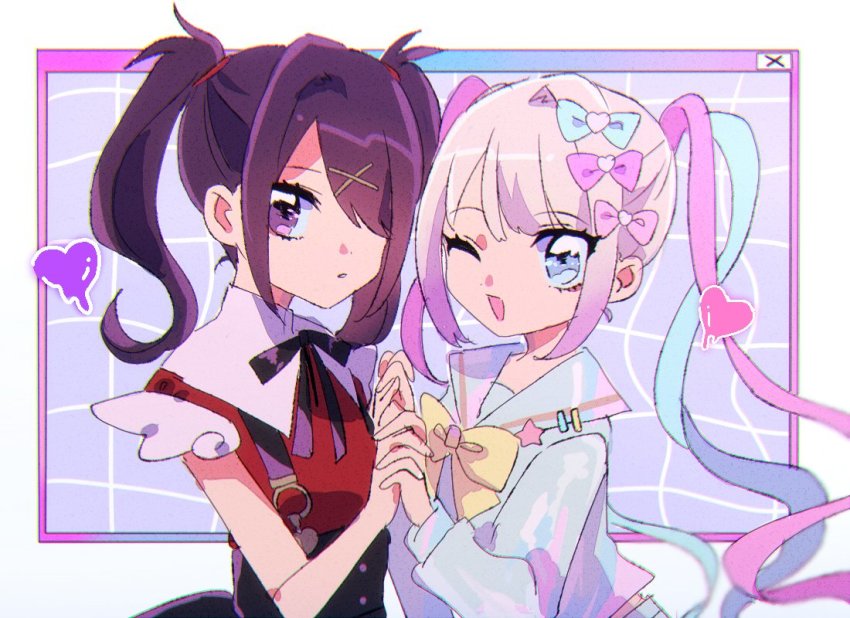 2girls, ame-chan_(needy_girl_overdose), black_hair, blue_eyes, blue_hair, bow, chouzetsusaikawa_tenshi-chan, gradient_hair