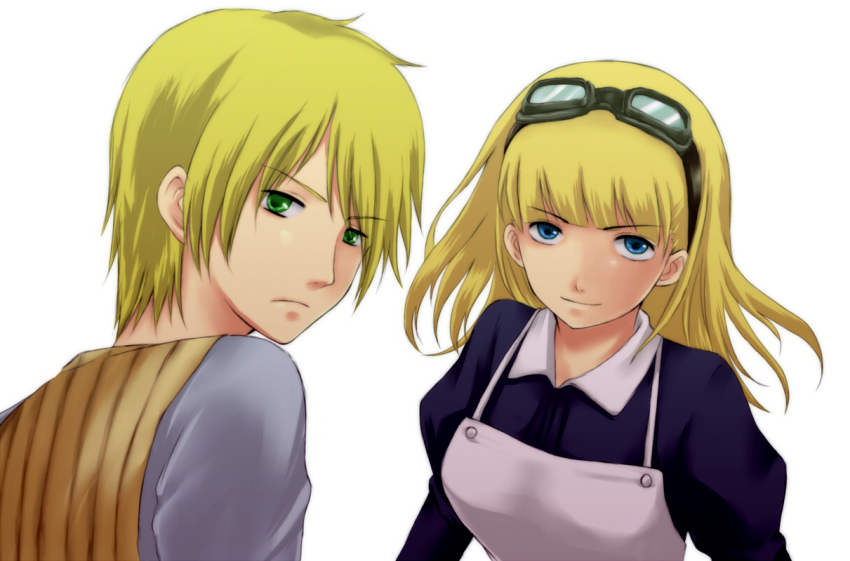 1boy, 1girl, ariake, aurrelus, bad_id, bad_pixiv_id, blonde_hair, blue_eyes