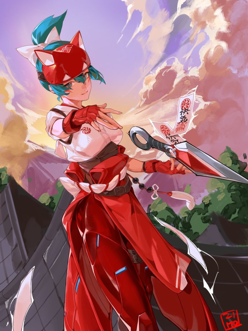 1girl, architecture, blue_sky, bow, cloud, cowboy_shot, east_asian_architecture, facial_mark