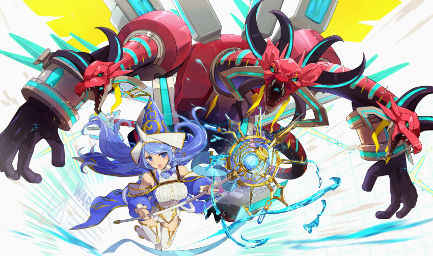 1girl, blue_eyes, blue_hair, borrelend_dragon, braid, detached_sleeves, dragon, duel_monster, elf, hat, highres, horns, hsin, long_hair, multiple_heads, open_mouth, pointy_ears, pointy_hat, side_braid, staff, thighhighs, water, water_enchantress_of_the_temple, white_thighhighs, wizard_hat, yu-gi-oh!, zettai_ryouiki