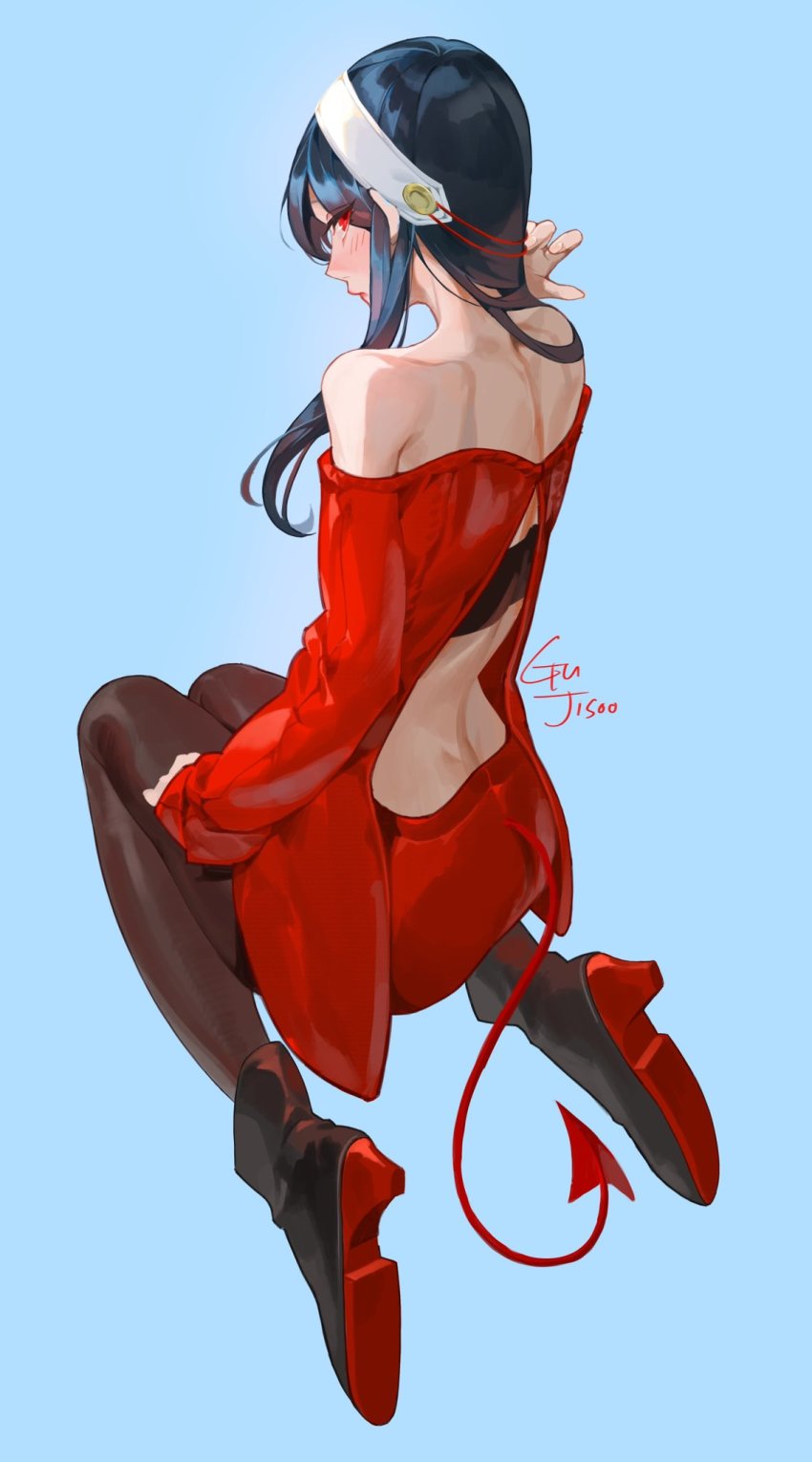 1girl, backless_outfit, bare_back, bare_shoulders, black_boots, black_hair, blue_background, blush, boots, brown_pantyhose, colored_shoe_soles, demon_tail, dress, from_behind, hairband, hand_up, high_heel_boots, high_heels, highres, kneeling, kyeongsu_lee, looking_at_viewer, looking_back, off-shoulder_dress, off_shoulder, pantyhose, red_dress, red_eyes, sidelocks, signature, simple_background, solo, spy_x_family, tail, tsurime, white_hairband, yor_briar