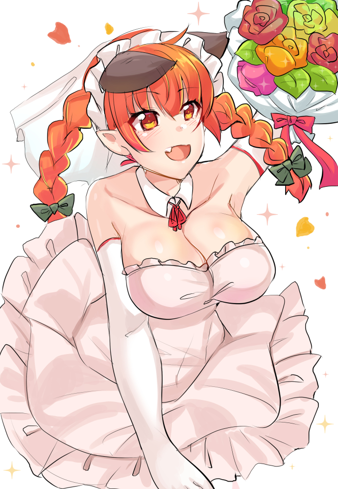 1girl, :d, animal_ears, arm_up, bouquet, braid, breasts, bridal_veil