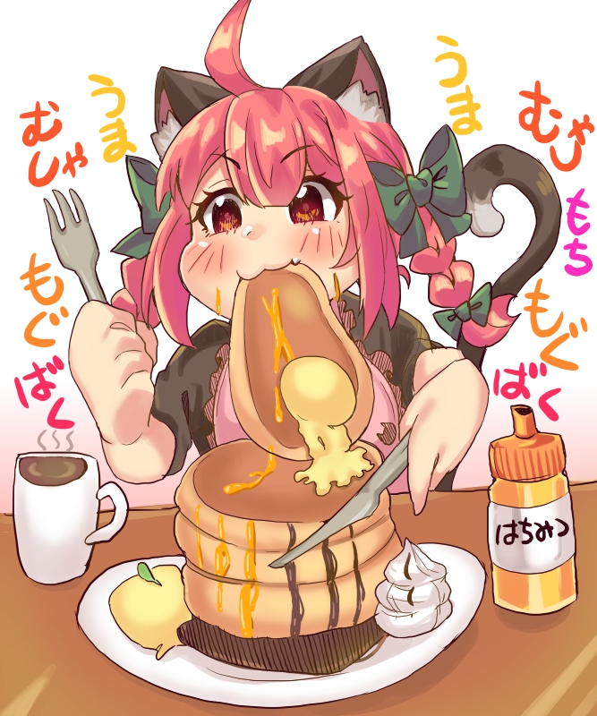 1girl, :3, ahoge, animal_ears, bib, blush, bow, braid, butter, cat_ears, coffee, cup, eating, fang, food, fork, hagezizii, holding, holding_fork, holding_knife, kaenbyou_rin, knife, pancake, pancake_stack, plate, red_hair, skin_fang, solo, table, touhou, translation_request, twin_braids