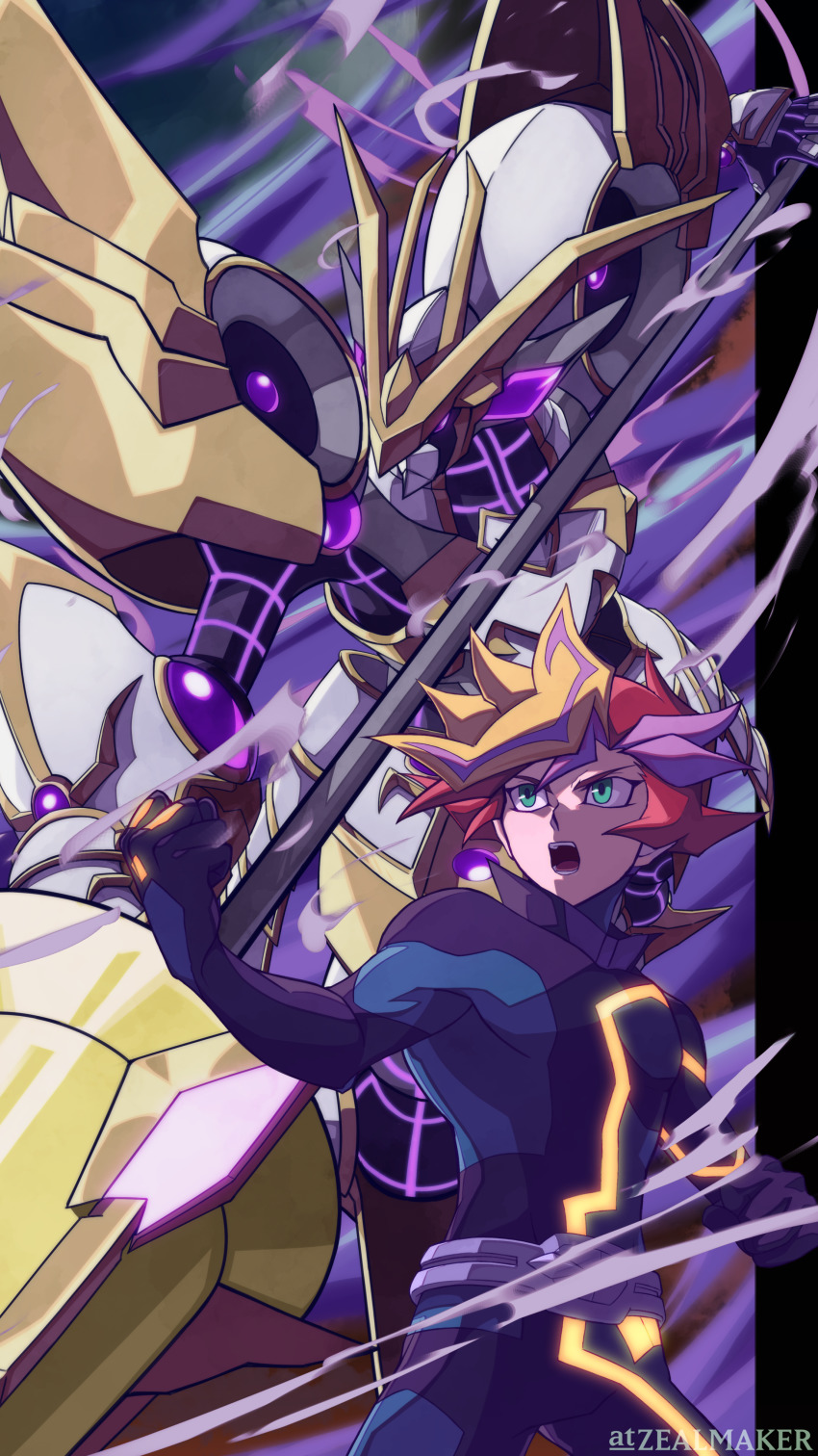 1boy, absurdres, accesscode_talker, armor, blonde_hair, bodysuit, duel_monster, fujiki_yusaku