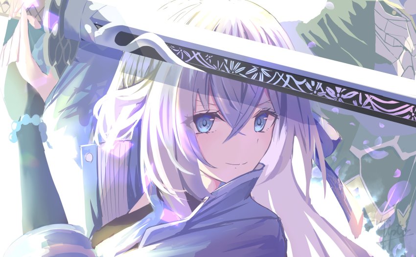 1boy, 1girl, absurdres, beads, blue_eyes, coat, eiyuu_densetsu, elbow_gloves, falcom, gloves, hair_between_eyes, highres, holding, holding_sword, holding_weapon, kuro_no_kiseki_(series), kuro_no_kiseki_i, kurogane_(eiyuu_densetsu), long_hair, mask, prayer_beads, shizuna_rem_misurugi, smile, sword, tipto-eb, weapon, white_hair