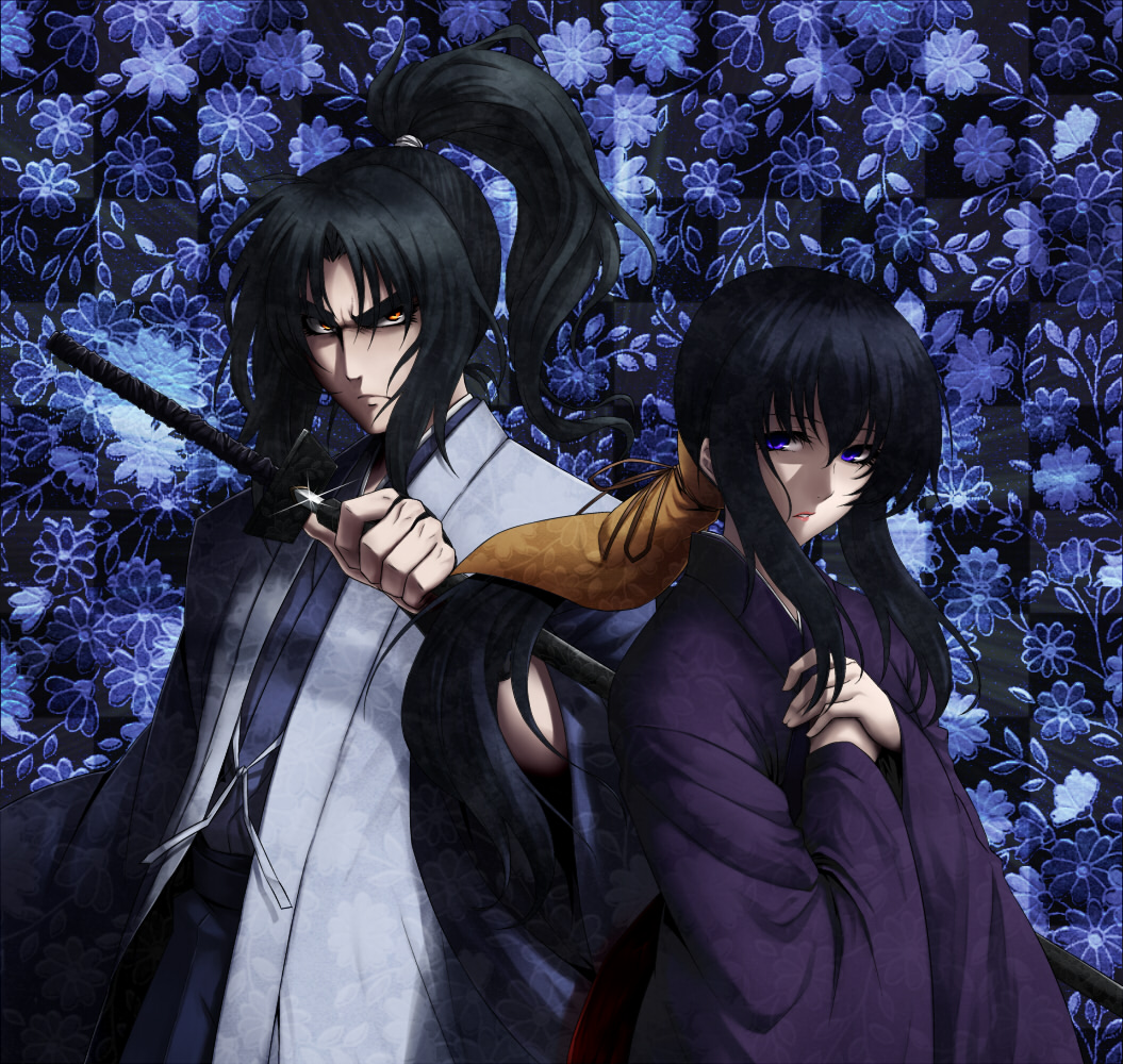 00s, 1boy, 1girl, basilisk_(manga), blue_theme, couple, flower, hetero
