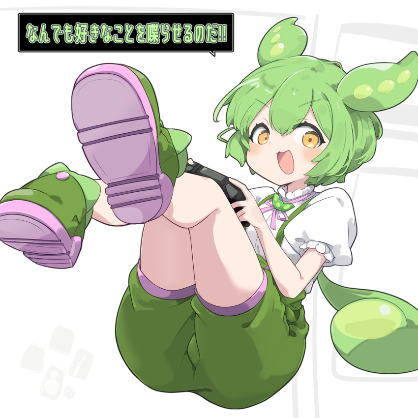 1girl, blush, commentary_request, green_hair, green_shoes, green_shorts, hair_between_eyes, handheld_game_console