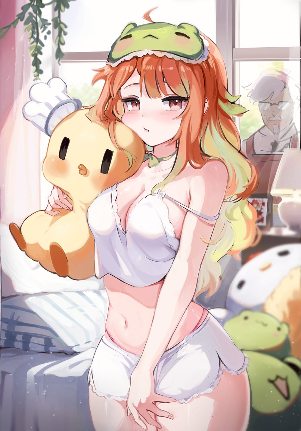 1boy, 1girl, ahoge, bare_shoulders, bed, blush, breasts, camisole