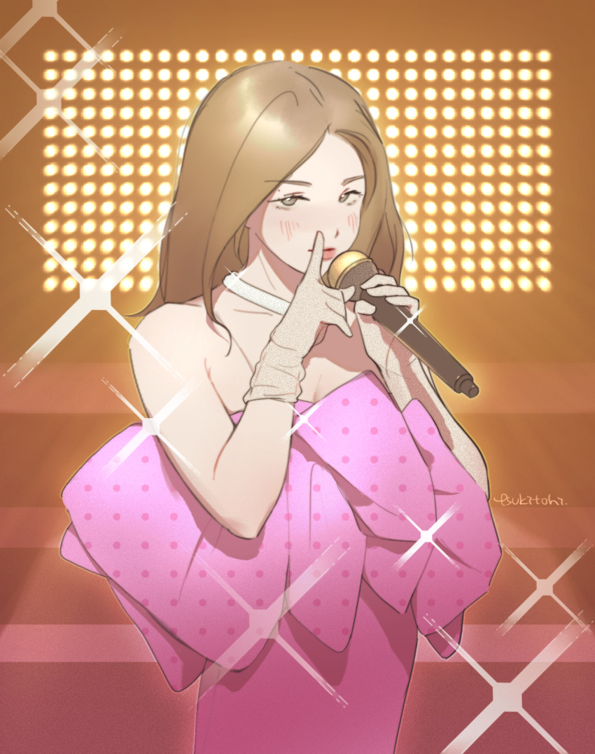 1girl, blush, bow, brown_eyes, brown_gloves, brown_hair, dress, finger_to_mouth