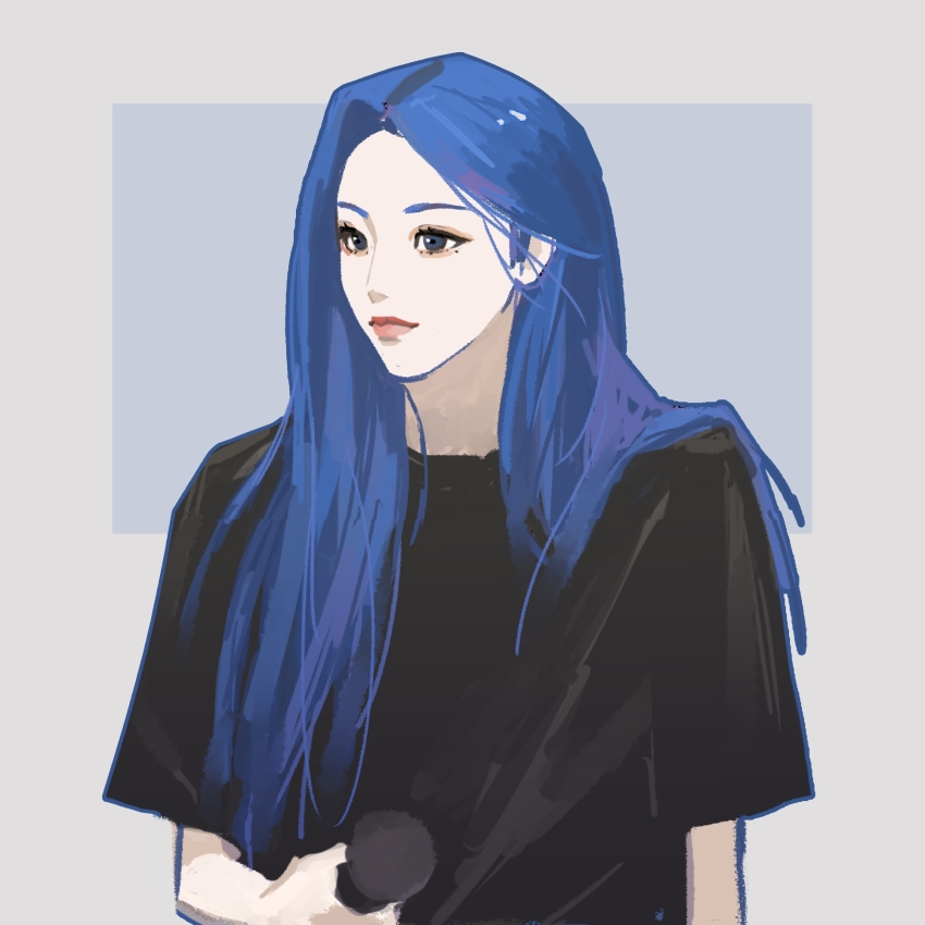 black_shirt, blue_background, blue_eyes, blue_hair, border, commentary, eyeshadow, grey_border