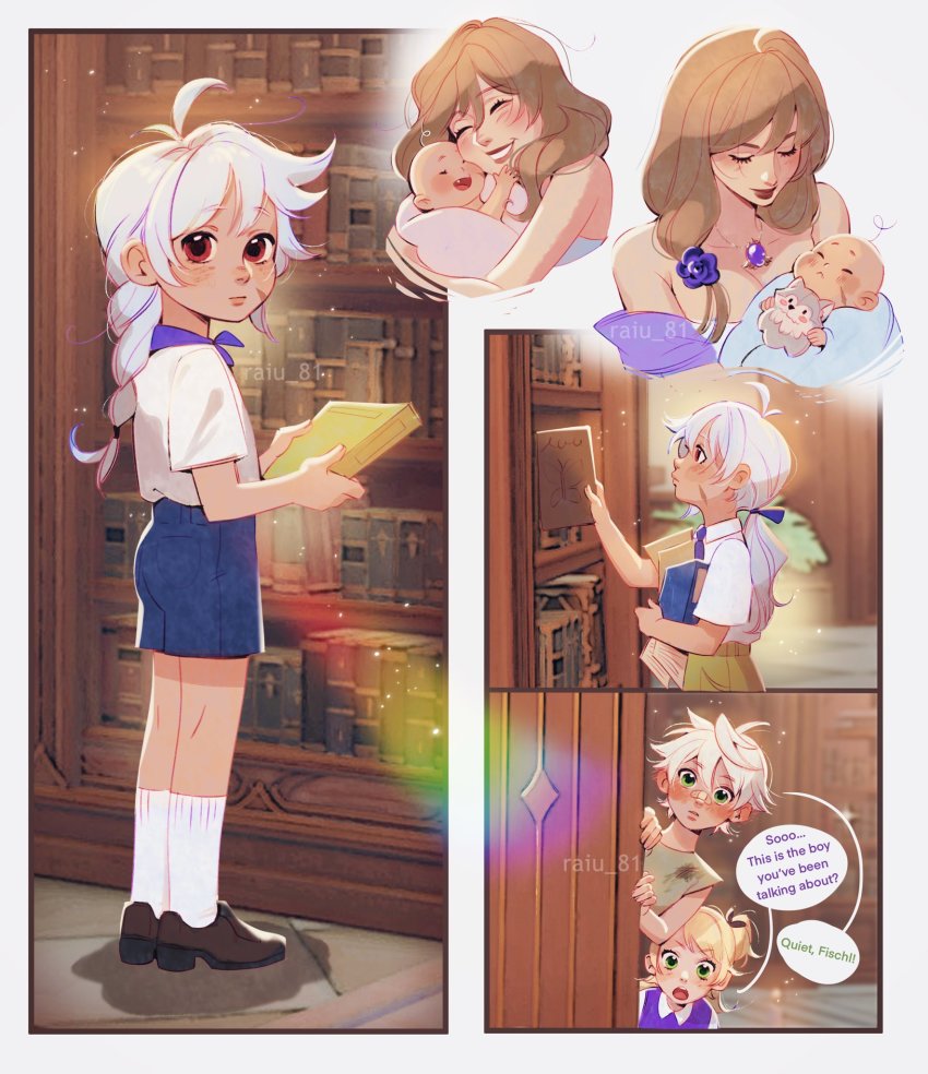 2boys, 2girls, 2koma, ahoge, baby, bennett_(genshin_impact), bishounen, blonde_hair, book, bookshelf, brown_hair, child, comic, facial_scar, fischl_(genshin_impact), full_body, genshin_impact, grey_hair, highres, lisa_(genshin_impact), multiple_boys, multiple_girls, raiu_81, razor_(genshin_impact), scar, scar_on_cheek, scar_on_face, short_hair, white_hair