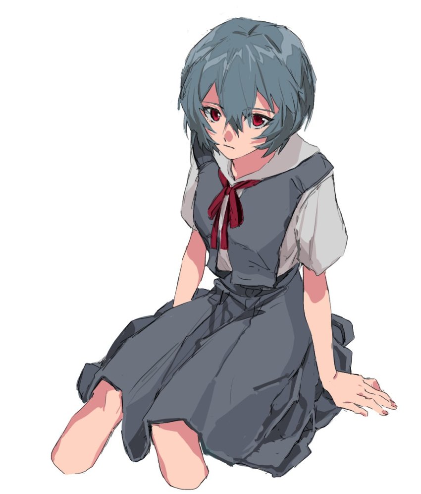 1girl, a12740807, ayanami_rei, blue_hair, closed_mouth, cropped_legs, expressionless, highres