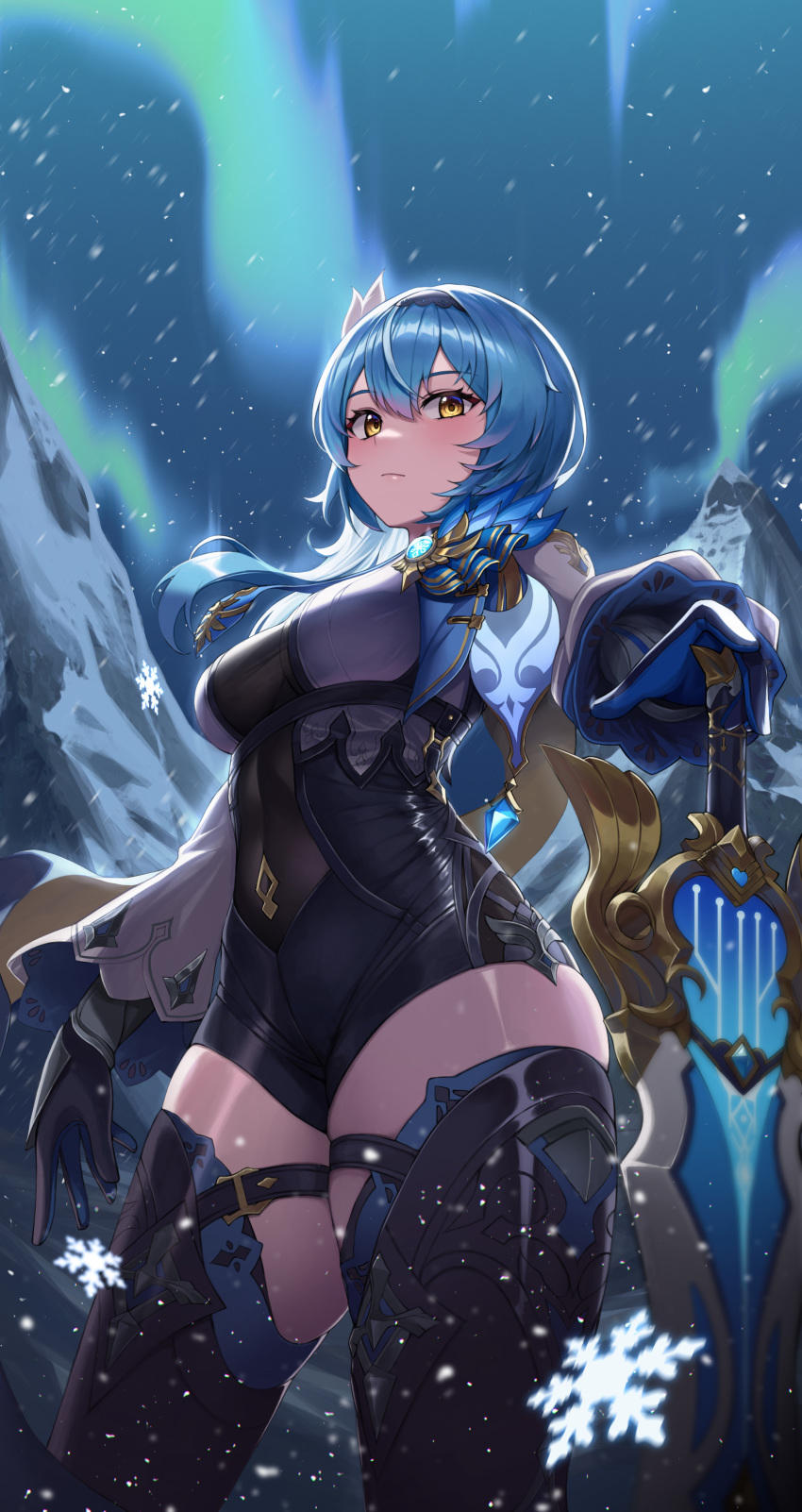 1girl, absurdres, aurora, black_bodysuit, black_gloves, black_thighhighs, blue_hair, bodysuit