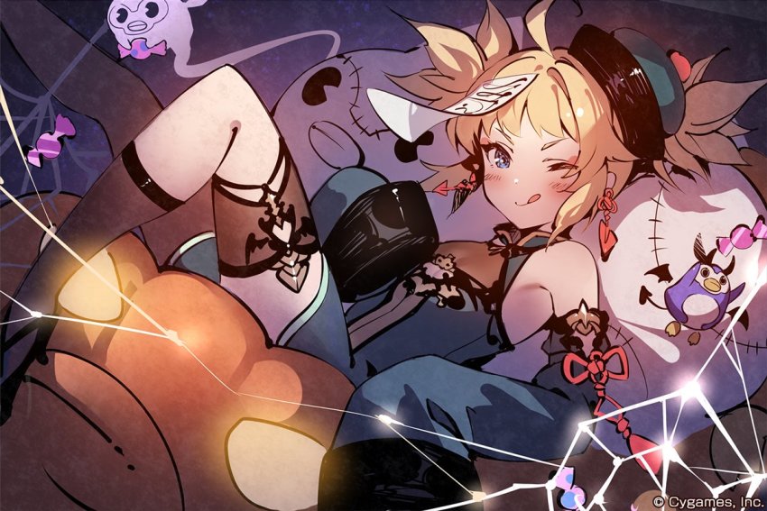 1girl, ahoge, asymmetrical_legwear, bare_shoulders, black_socks, black_thighhighs, blonde_hair, blue_eyes, blush, breasts, candy, cleavage_cutout, clothing_cutout, company_name, copyright_notice, detached_sleeves, dress, earrings, food, ghost, granblue_fantasy, green_dress, hat, jack-o'-lantern, jewelry, jiangshi_costume, looking_at_viewer, official_art, ofuda, one_eye_closed, pengy_(granblue_fantasy), short_hair, sidelocks, silk, single_sock, single_thighhigh, sitting, sleeveless, sleeveless_dress, sleeves_past_fingers, sleeves_past_wrists, small_breasts, socks, solo, spider_web, stuffed_animal, stuffed_penguin, stuffed_toy, thigh_strap, thighhighs, tongue, tongue_out, uneven_legwear