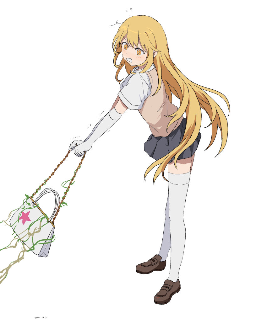 +_+, 1girl, absurdres, aged_down, bag, blonde_hair, blush, bright_pupils