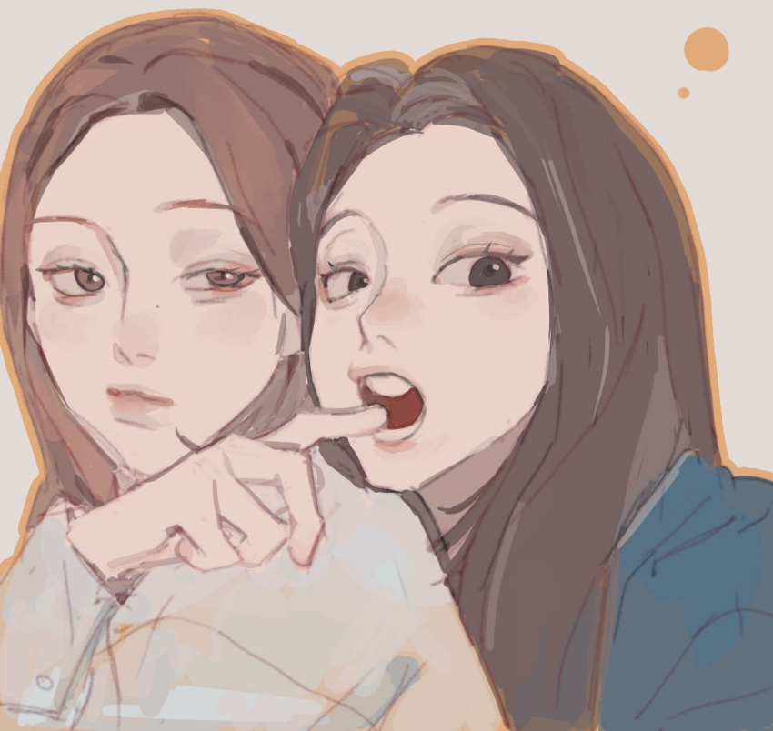 animification, blue_shirt, brown_eyes, brown_hair, finger_in_another's_mouth, grey_background, grey_shirt, half-closed_eye