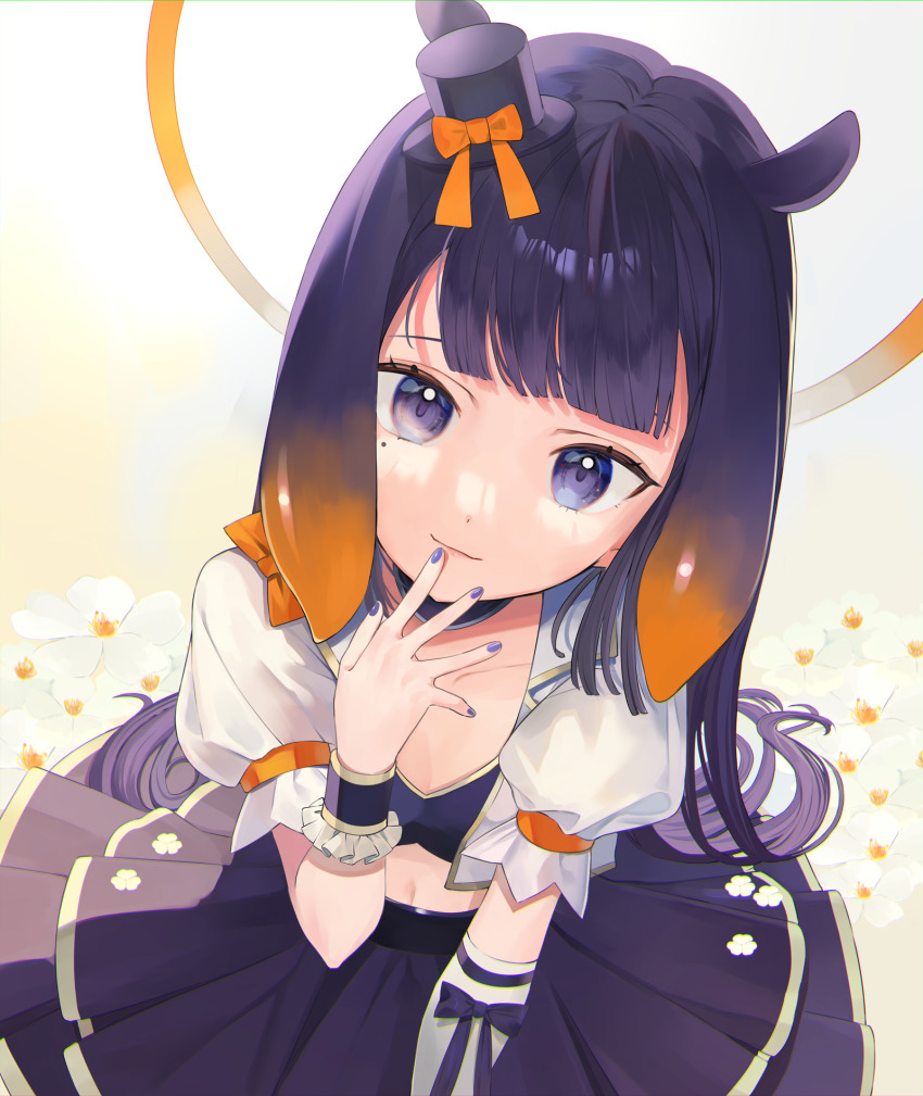 1girl, black_hat, blue_bow, blue_eyes, blue_shirt, blue_skirt, blunt_bangs, bow