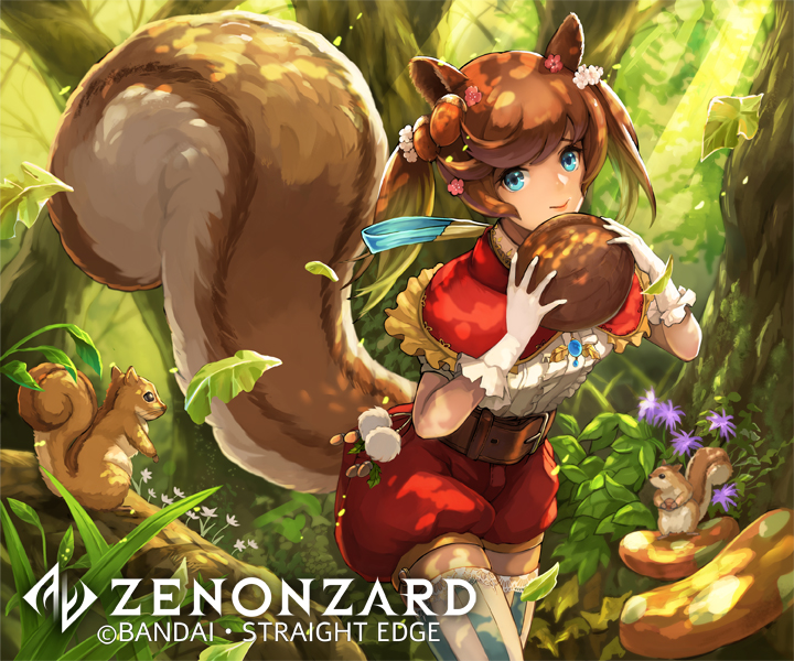 1girl, acorn_hair_ornament, animal_ears, belt, blue_eyes, day, forest, leaf