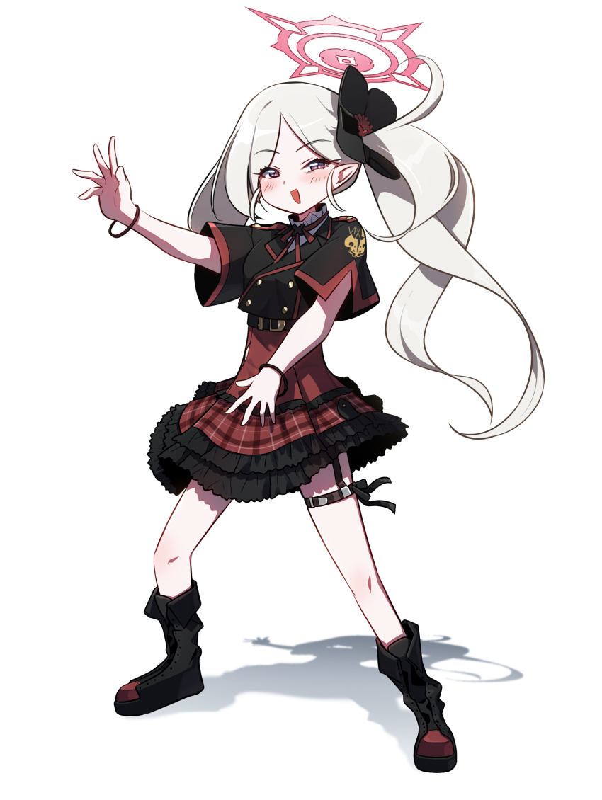 1girl, black_boots, black_capelet, blue_archive, boots, capelet, frilled_skirt, frills, full_body, hair_ornament, hair_scrunchie, halo, high-waist_skirt, highres, long_hair, looking_at_viewer, mutsuki_(blue_archive), nunvora, open_mouth, pink_eyes, plaid_clothes, plaid_skirt, pointy_ears, red_skirt, scrunchie, short_sleeves, side_ponytail, simple_background, skirt, solo, white_background, white_hair
