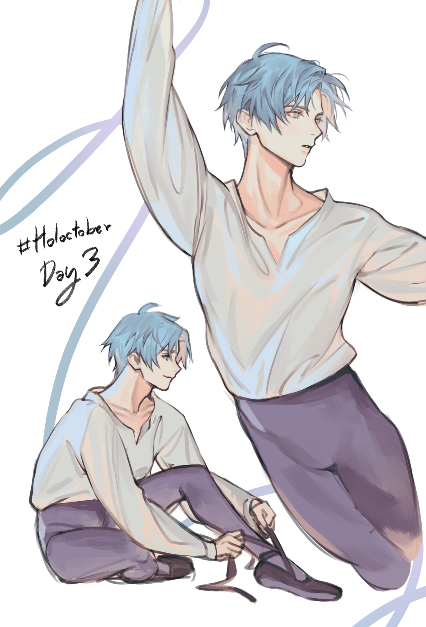 1boy, absurdres, arm_up, ballet, ballet_slippers, blue_eyes, blue_hair, commentary, cropped_legs, english_commentary, full_body, highres, holostars, holostars_english, knee_up, long_sleeves, male_focus, multiple_views, pants, parted_lips, profile, purple_footwear, purple_pants, regis_altare, ribbon, rm-parfait, shirt, short_hair, sitting, smile, tying_footwear, v-neck, virtual_youtuber, white_background, white_shirt