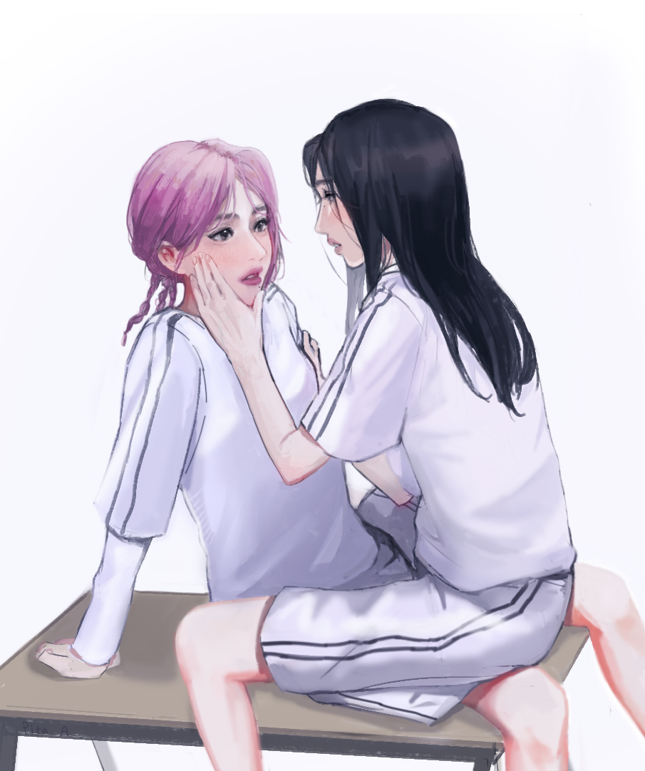 2girls, black_eyes, black_hair, blush, braid, chaeyoung_(twice), hair_behind_ear, hand_on_another's_face, k-pop, layered_sleeves, long_hair, medium_hair, mina_(twice), mole, mole_on_nose, mole_under_eye, multiple_girls, parted_lips, pt_a_(mhpnnnn), purple_hair, real_life, shirt, shorts, sitting, sitting_on_lap, sitting_on_person, table, twice_(group), twin_braids, undershirt, white_background, white_shirt, white_shorts, yuri