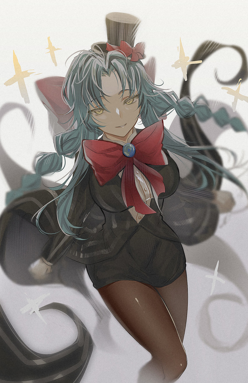 1girl, angela_(project_moon), black_coat, black_hat, black_skirt, blue_hair, blurry, bow