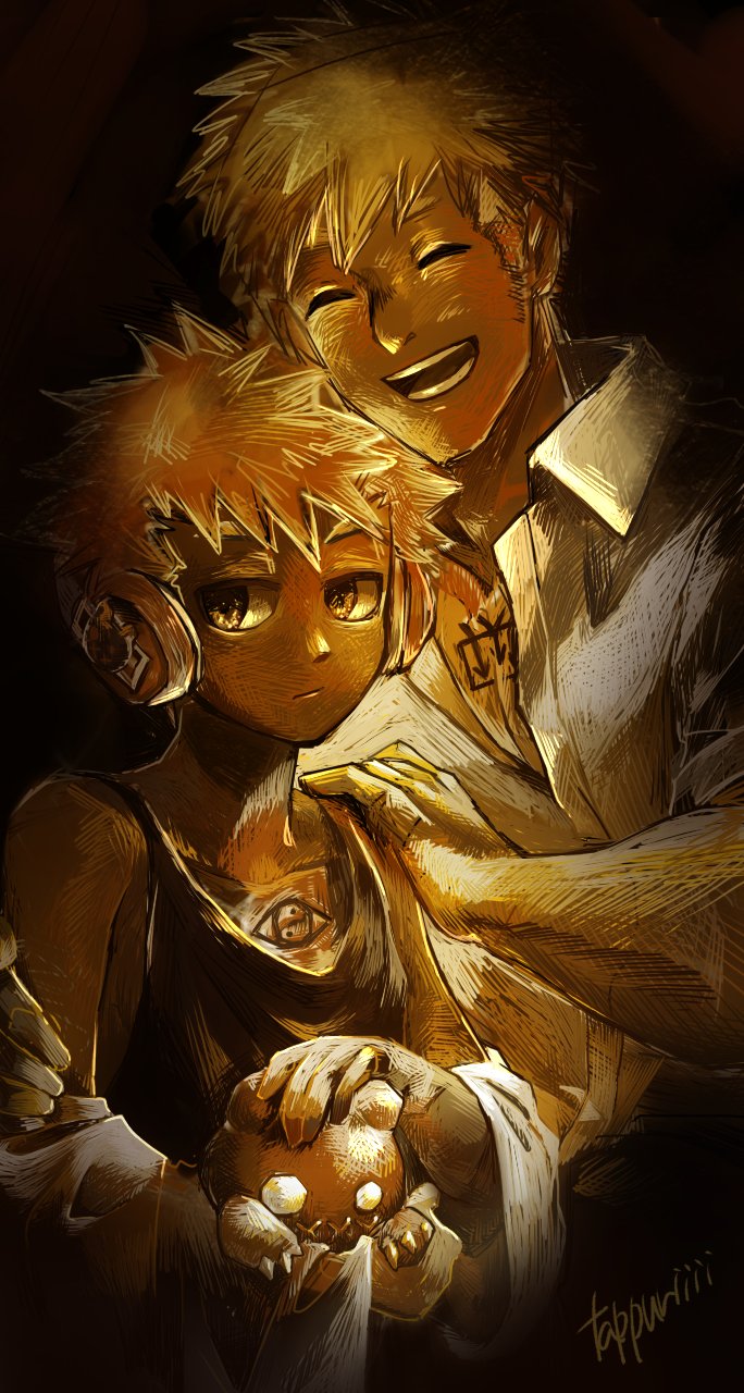 2boys, ^_^, artist_name, black_background, chaba_ga_oishii, chest_tattoo, child, closed_eyes