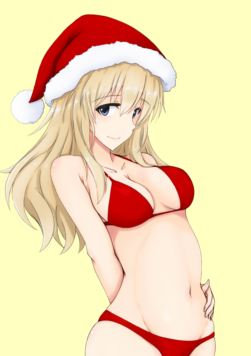 1girl, absurdres, arm_behind_back, bikini, blonde_hair, blue_eyes, brave_witches, breasts, christmas, collarbone, cowboy_shot, groin, hair_between_eyes, hand_on_own_hip, hat, highres, isosceles_triangle_(xyzxyzxyz), long_hair, looking_at_viewer, medium_breasts, navel, nora_taylor, red_bikini, santa_hat, sidelocks, skindentation, smile, solo, strike_witches, swimsuit, world_witches_series, yellow_background
