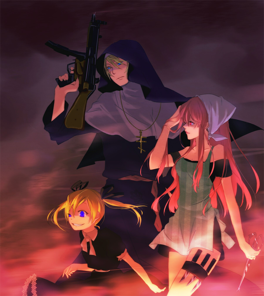 1boy, 2girls, apron, arakawa_under_the_bridge, bandana, blonde_hair, blue_eyes, cross