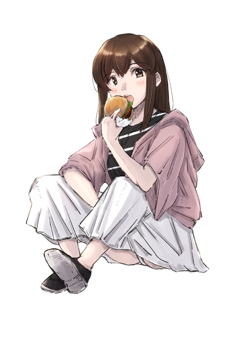 1girl, akagi_(kancolle), akagi_(kure_2019)_(kancolle), black_shirt, brown_eyes, brown_hair, brown_jacket, burger