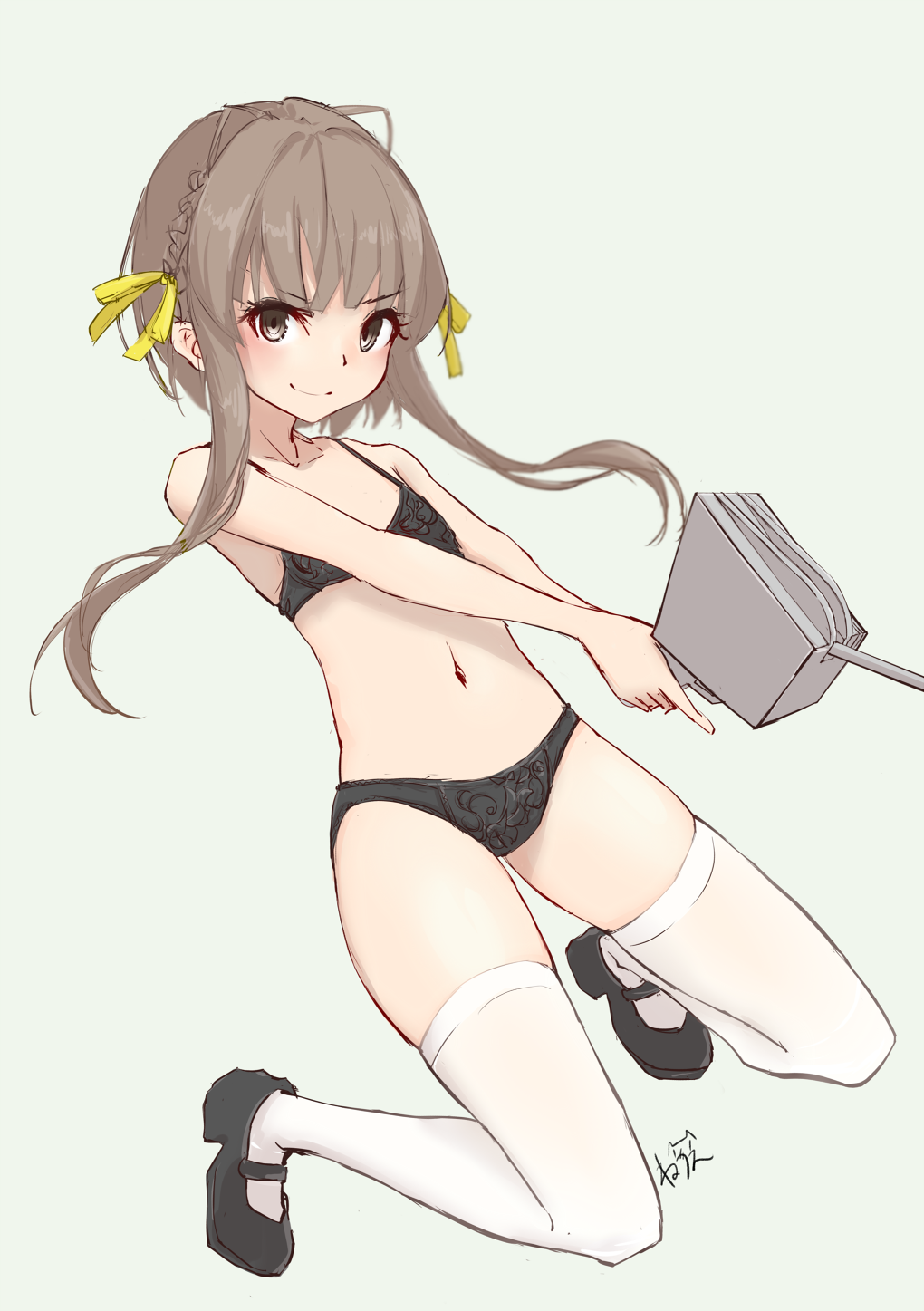 1girl, adapted_turret, black_bra, black_panties, bra, braid, breasts, brown_eyes