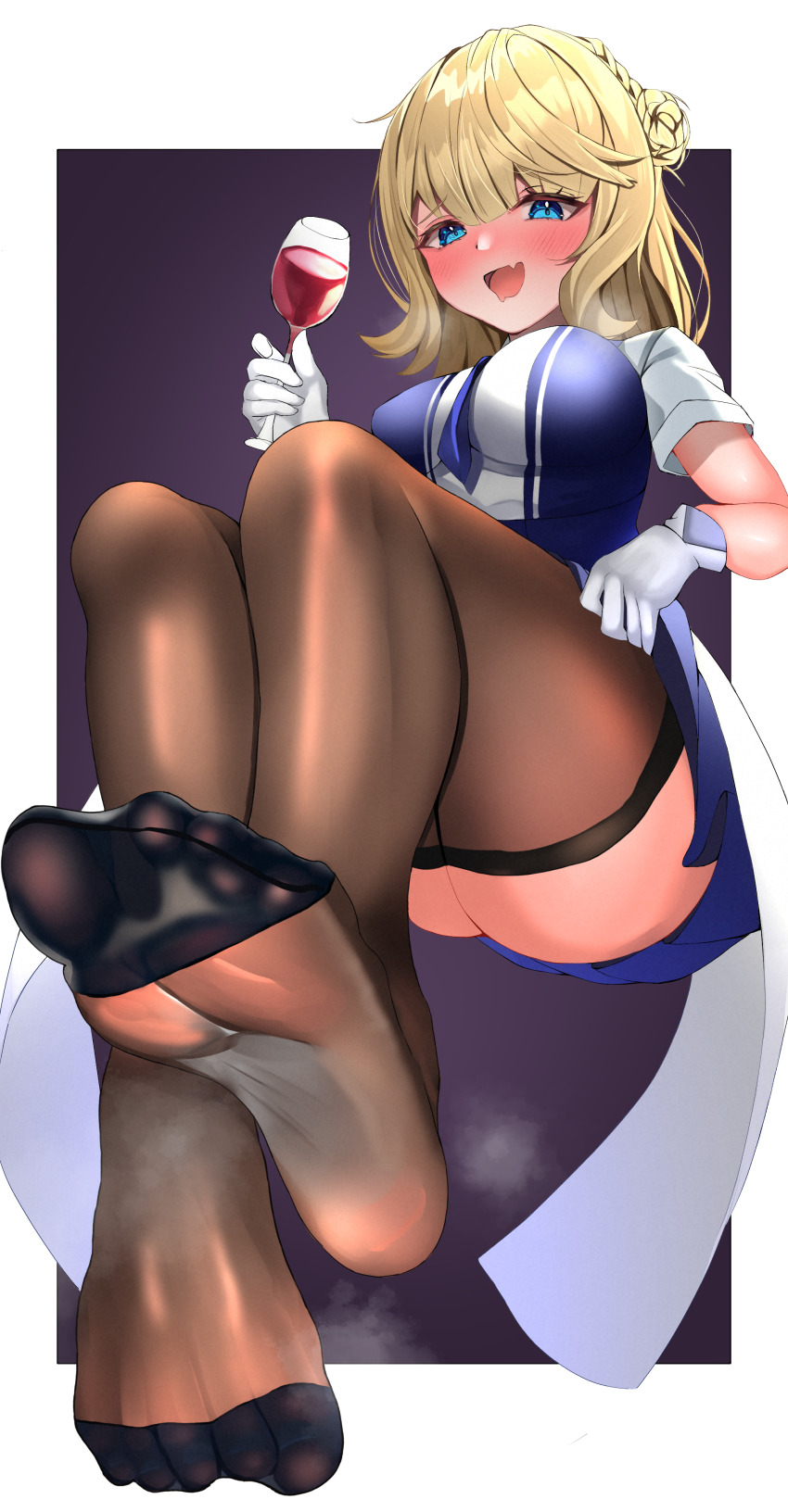 1girl, absurdres, alcohol, aruka0807, black_thighhighs, blonde_hair, blue_dress, blue_eyes