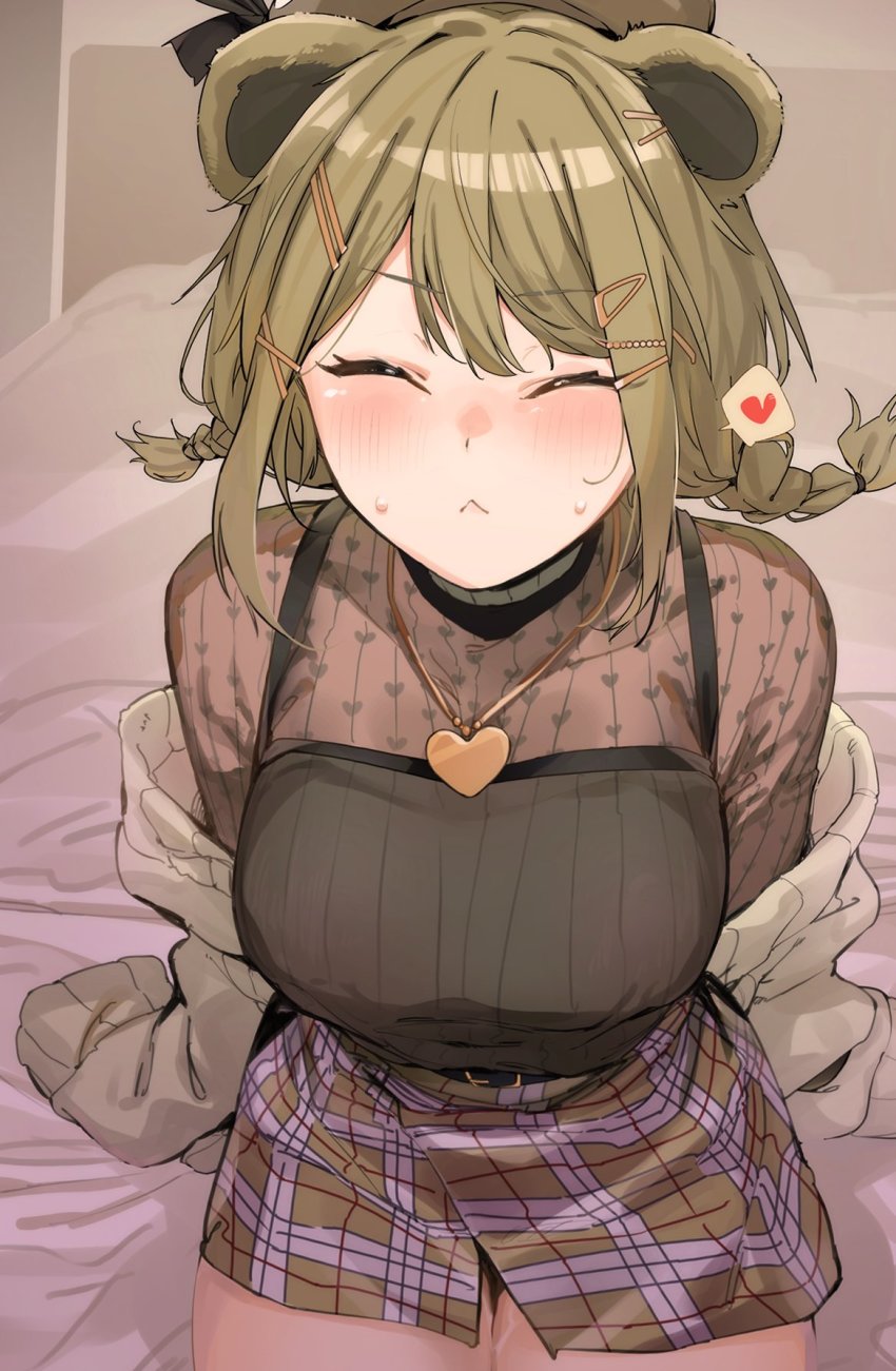 1girl, animal_ears, belt, blush, breasts, brown_hair, camisole, closed_eyes