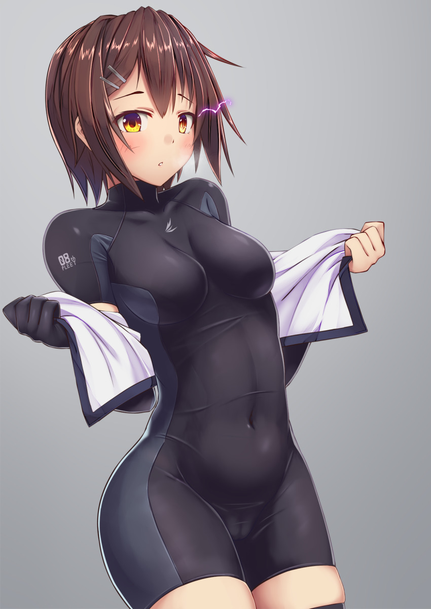 1girl, black_bodysuit, black_gloves, black_thighhighs, bodysuit, breasts, brown_hair, cameltoe, covered_navel, elbow_gloves, furutaka_(kancolle), furutaka_kai_ni_(kancolle), gloves, glowing, glowing_eye, hair_ornament, hairclip, heterochromia, highres, kantai_collection, medium_breasts, noronosuke, open_clothes, open_shirt, short_hair, single_elbow_glove, single_thighhigh, solo, thighhighs, undressing, yellow_eyes