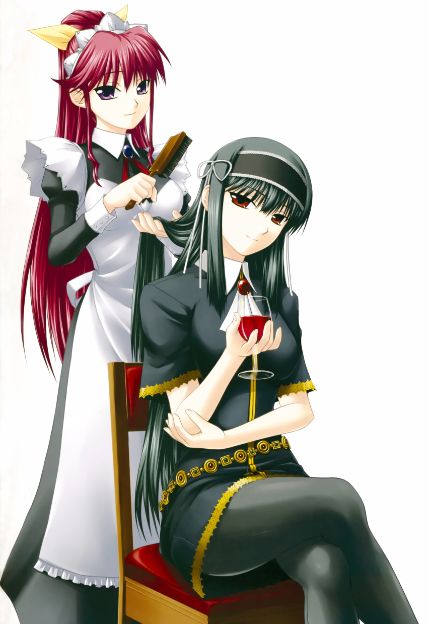 00s, 2girls, absurdres, black_legwear, cup, drinking_glass, hair_brush, highres