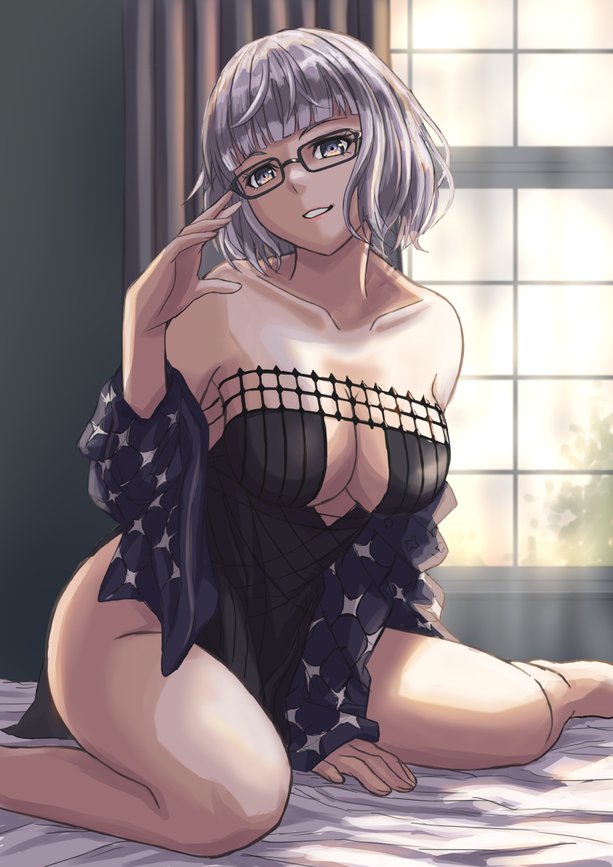 1girl, bare_shoulders, black_dress, black_jacket, blue_eyes, breasts, cleavage, cropped_jacket