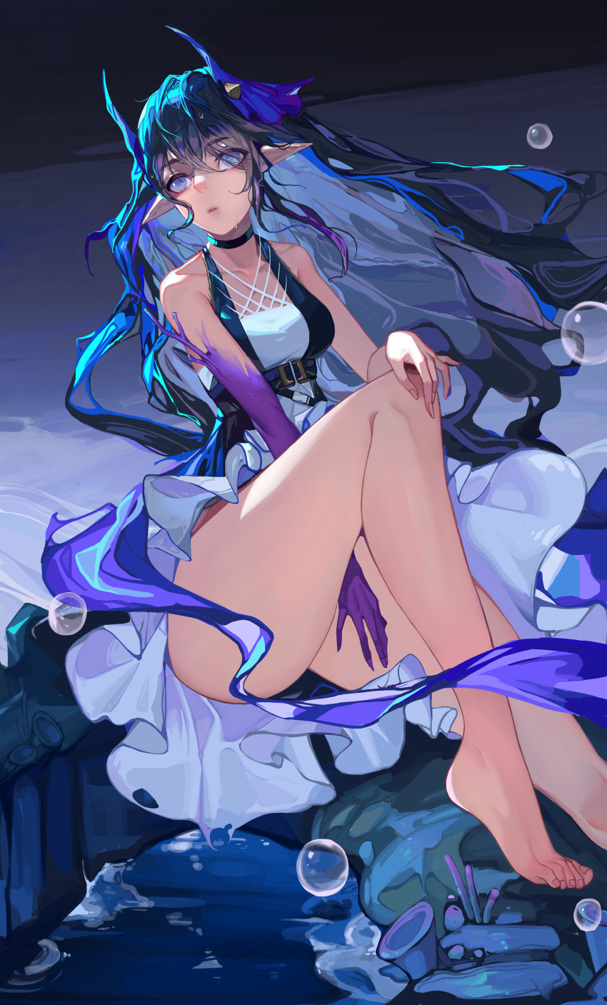 1girl, absurdres, arknights, bare_legs, bare_shoulders, barefoot, black_choker, black_hair, blue_eyes, blue_hair, breasts, choker, collarbone, dress, elbow_gloves, eyes_visible_through_hair, full_body, gloves, hair_ornament, hair_over_one_eye, hand_on_own_knee, highmore_(arknights), highres, long_hair, looking_afar, looking_away, medium_breasts, parted_lips, pointy_ears, purple_gloves, rock, single_glove, sitting, solo, toes, underbust, very_long_hair, water_drop, white_dress, yaoshan_shi