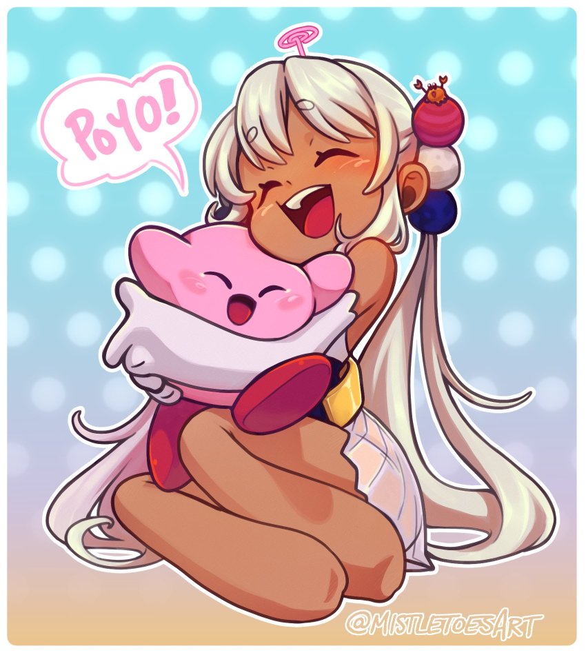 1girl, 1other, :d, blush, closed_eyes, crab, crossover, dark_skin, detached_sleeves, gloves, hair_ornament, highres, hololive, hololive_english, hug, kirby, kirby_(series), mistletoesart, nintendo, open_mouth, smile, speech_bubble, tsukumo_sana, twintails, virtual_youtuber, white_hair