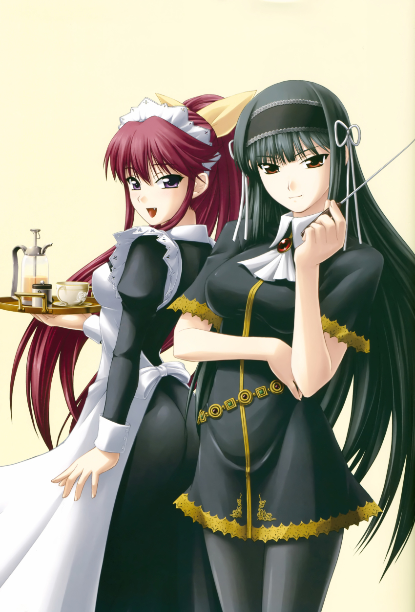 00s, absurdres, black_hair, bow, breasts, brown_eyes, cup, fang